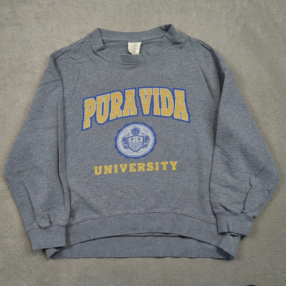 Pura Vida Sweatshirt Womens XS Grey University Graphic Organic Cotton Relaxed